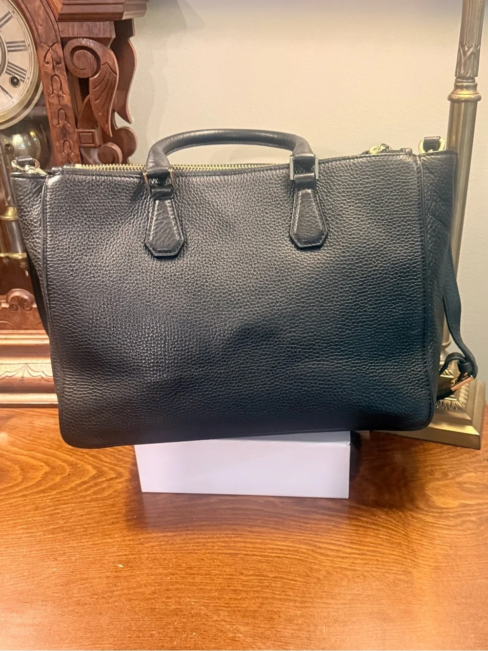 Tory Burch Robinson Double Zip Black Pebbled Leather Satchel Gold Hardware $575